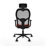 Silla de oficina Jorquera con mecanismo Sincro tapizada con Tela color Naranja oscuro y malla color Gris. Equipada con lumbar 1D, Brazos 1D, Cabecero 2D y Ruedas 65mm nailon