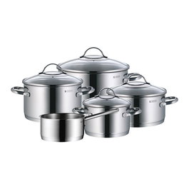 WMF Provence Plus 0721556380 Juego de 5 Cazuelas y 1 Cazo (1.7l, 1.9l, 2.5l, 3.3l, 5.7l) Acero Inoxidable, Tapas de Vidrio, Apto para Inducción y Lavavajillas