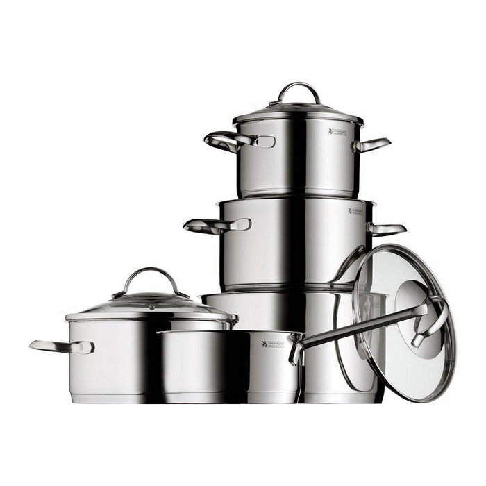 WMF Provence Plus 0721556380 Juego de 5 Cazuelas y 1 Cazo (1.7l, 1.9l, 2.5l, 3.3l, 5.7l) Acero Inoxidable, Tapas de Vidrio, Apto para Inducción y Lavavajillas