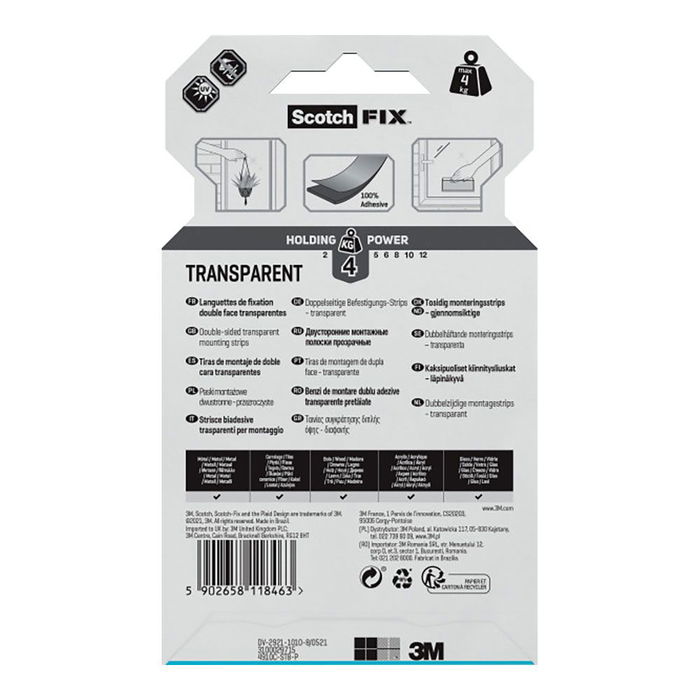 Scotch Tira Adhesiva Doble Cara Transparente Máx 4 kg 25mmx76mm 8 uds