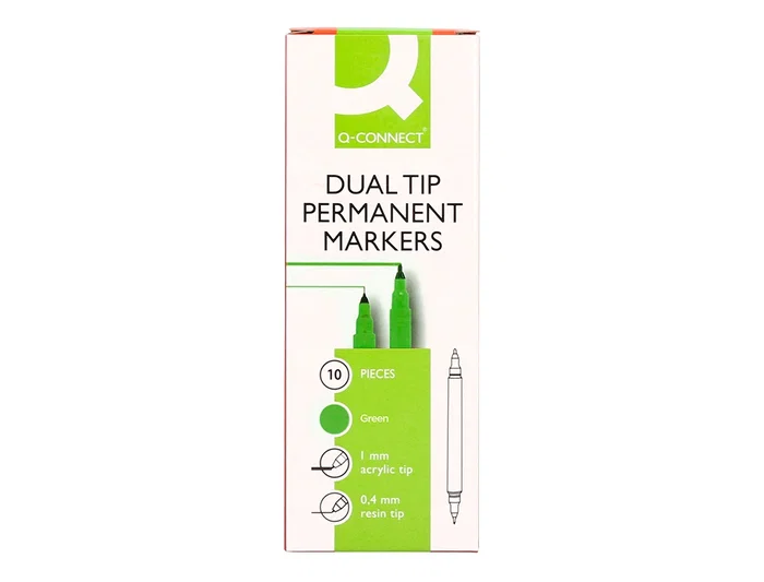 Q-connect Rotulador Marcador Permanente Doble Punta Color Verde Trazo 0,4 mm y 1 mm