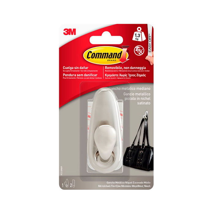 3M Command Gancho Metálico Mediano, Níquel Pulido - fc12-bn, 1 ud + 2 Tiras, Carga Máxima 1.3 kg