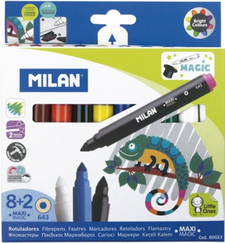 Milan 80023 Caja 8 Rotuladores Maxi Magic + 2 Rotuladores Mágicos, Punta Cónica, Tinta Mágica, 10 Piezas