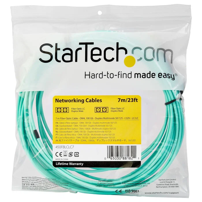 StarTech.com 450FBLCLC7 Cable de Fibra Óptica Multimodo LC/LC OM4 Aqua LSZH 7m - 50/125µm, 100 Gbps, Full Duplex, Compatible con SFP+, QSFP+, SAN, 40GBASE-SR4, 100GBASE-SR10