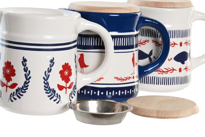 DKD Home Decor Grasera Gres Inox Blue Red Bird Surtido de 3 unidades