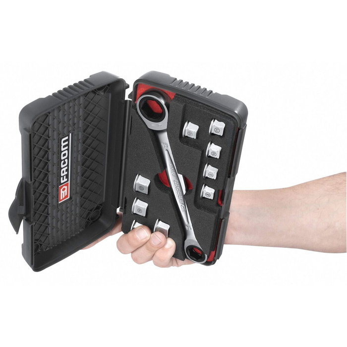 Facom Caja de Llaves Planas de Trinquete 11 en 1 + 9 Anillos para Apriete Rápido Facom Caja de Llaves Planas de Trinquete 11 en 1 + 9 Anillos para Apriete Rápido