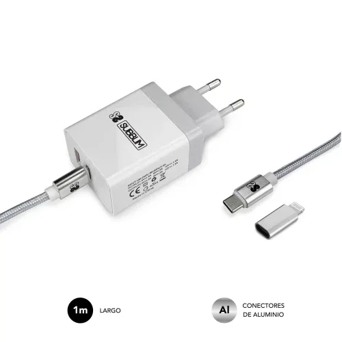 Subblim cargador ultra rapido 2xusb de pared pd25w+qc3.0+cable c to c y lightning blanco