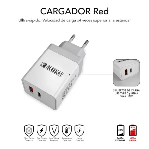Subblim cargador ultra rapido 2xusb de pared pd25w+qc3.0+cable c to c y lightning blanco