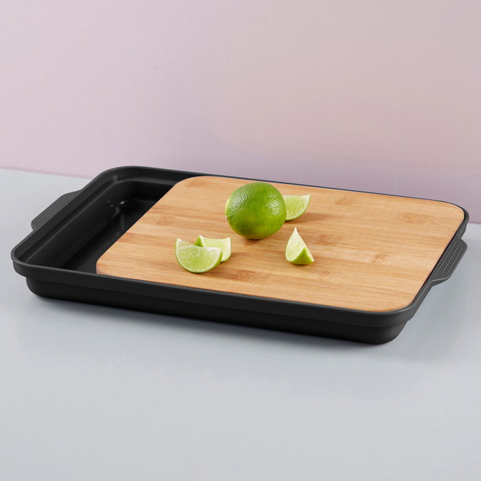 Day Tabla Cortar Con Bandeja Negra para Frutas y Verduras con Bandeja Separadora Cocina 24x27.5 cm