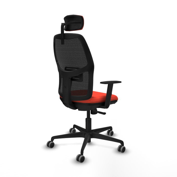 Silla de oficina Alfera con mecanismo Sincro tapizada con Tela color Naranja oscuro y malla color Negro. Equipada con lumbar 1D, Brazos 1D, Cabecero 2D y Ruedas 65 mm parqué