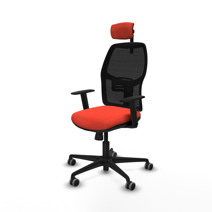 Silla de oficina Alfera con mecanismo Sincro tapizada con Tela color Naranja oscuro y malla color Negro. Equipada con lumbar 1D, Brazos 1D, Cabecero 2D y Ruedas 65 mm parqué