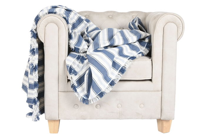 DKD Home Decor Plaid Azul Gris 260 x 160 cm Algodón Reciclado Poliéster Rayas Multiusos Hecho a Mano