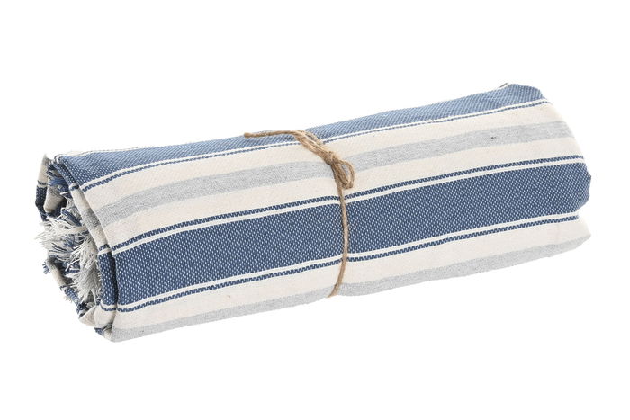 DKD Home Decor Plaid Azul Gris 260 x 160 cm Algodón Reciclado Poliéster Rayas Multiusos Hecho a Mano