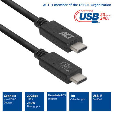 Act Connectivity Cable USB C Carga 240W Datos 20 Gbps 1m Certificado USB IF Act Connectivity Cable USB C Carga 240W Datos 20 Gbps 1m Certificado USB IF