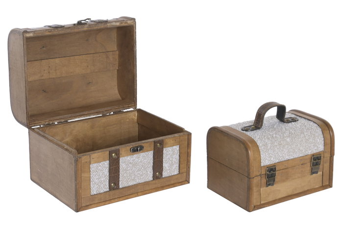 DKD Home Decor Caja o Baúl Alpino de Madera y Poliéster Blanco y Marrón, 17x16x23 cm, Set de 2 Piezas