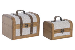 DKD Home Decor Caja o Baúl Alpino de Madera y Poliéster Blanco y Marrón, 17x16x23 cm, Set de 2 Piezas