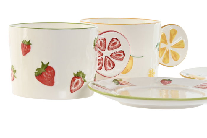DKD Home Decor Conjunto de Taza y Platillo de Porcelana Frutas 24
