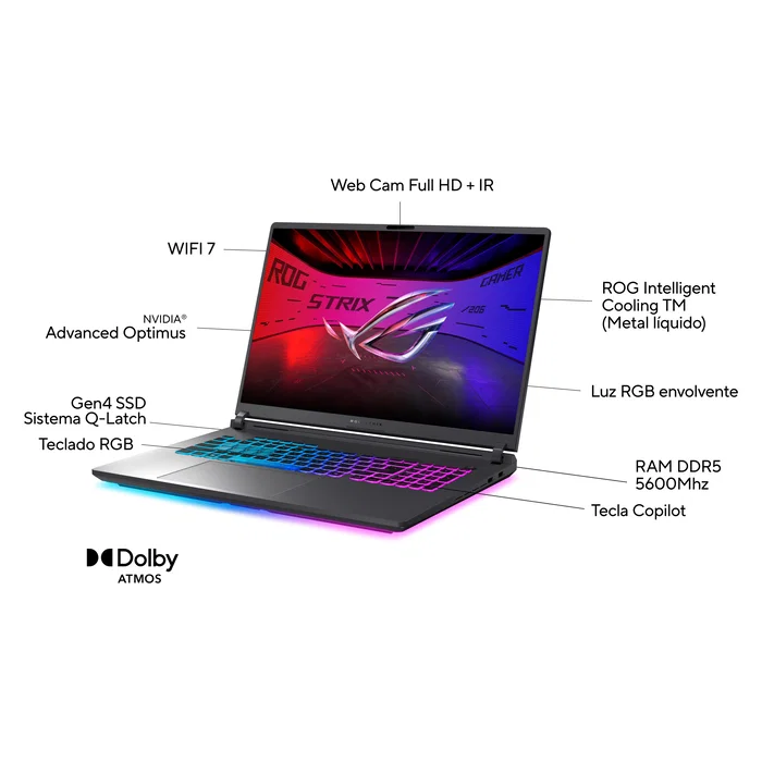 ASUS ROG Strix G18 G815JMR-S8051 - Portátil Gaming 18" WUXGA 144Hz, Intel Core i7-14650HX, 32GB RAM, 1TB SSD, NVIDIA RTX 5060 8GB, Sin SO, Gris Eclipse, Teclado QWERTY Español