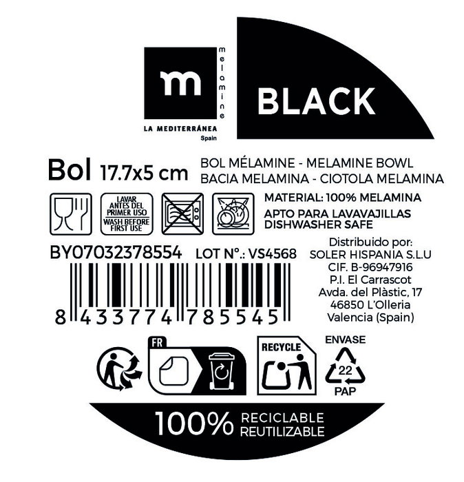 Inde Bol Melamina Mate Black La Mediterranea (12 Unidades) inevitablemente resistente