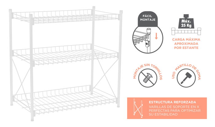 Confortime Estanteria 3 Niveles Metal 57 cm x 35 cm x 12 cm (2 Unidades)