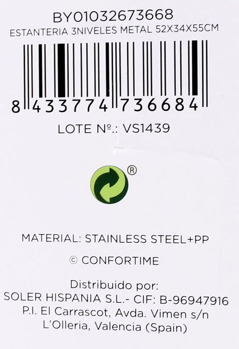 Confortime Estanteria 3 Niveles Metal 57 cm x 35 cm x 12 cm (2 Unidades)
