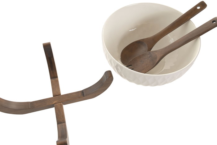 DKD Home Decor Ensaladera Basicos Set de 3 Piezas Porcelana y Bambu Blanco Marron Oscuro 27x27x17 cm Hecho a Mano Apto Lavavajillas