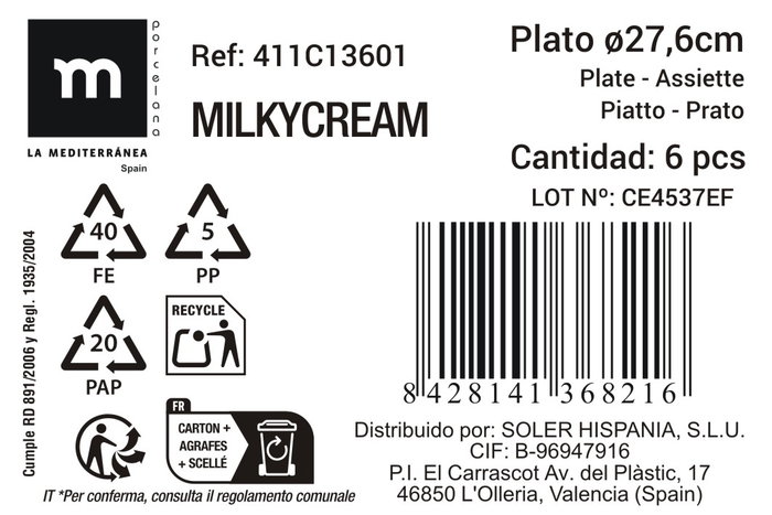 La Mediterranea Plato Llano Blanco 27.6 cm de Diámetro "Milkycream" - Plato Llano Redondo 27 cm x 3 cm (12 Unidades)