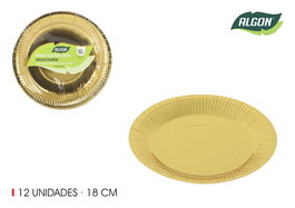 Algon Set 12 Platos Cartón Oro Redondos 18 cm (18 Unidades)
