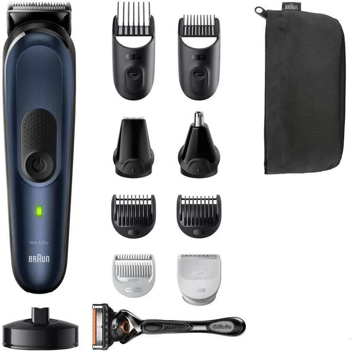 Braun MGK7410 - Kit de Aseo Multifunción 10 en 1 para Hombre, Cortapelos Recortador Inalámbrico y Afeitadora, Color Azul Oscuro/Negro, 100 Min de Autonomía, Resistente al Agua