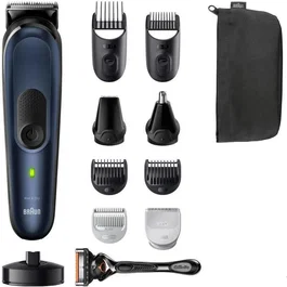 Braun MGK7410 - Kit de Aseo Multifunción 10 en 1 para Hombre, Cortapelos Recortador Inalámbrico y Afeitadora, Color Azul Oscuro/Negro, 100 Min de Autonomía, Resistente al Agua