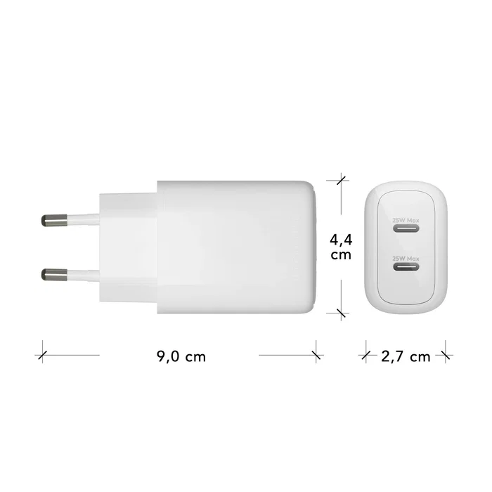 Dbramante1928 CH25EUWH7096 Cargador de Pared Universal 25W Blanco, 2 Puertos USB-C, Entrada 110-240V CA, Certificaciones CE/FCC/RoHS
