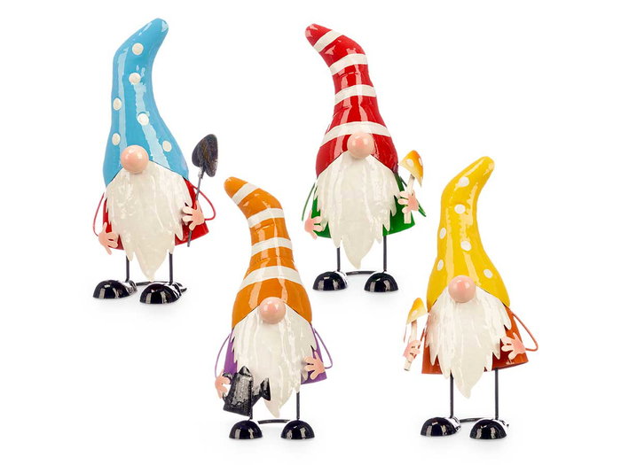 Ibergarden Gnomo de Hojalata Estampado Surtido Metal Morado Rojo Verde Naranja 18x36x16 cm (Set de 4)