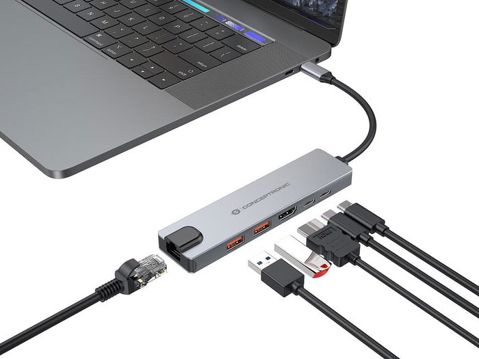 Conceptronic DONN29G - Base de Docking USB-C Gris con 140W PD, 2xUSB-A, HDMI 4K@60Hz, Gigabit Ethernet y 10Gbps