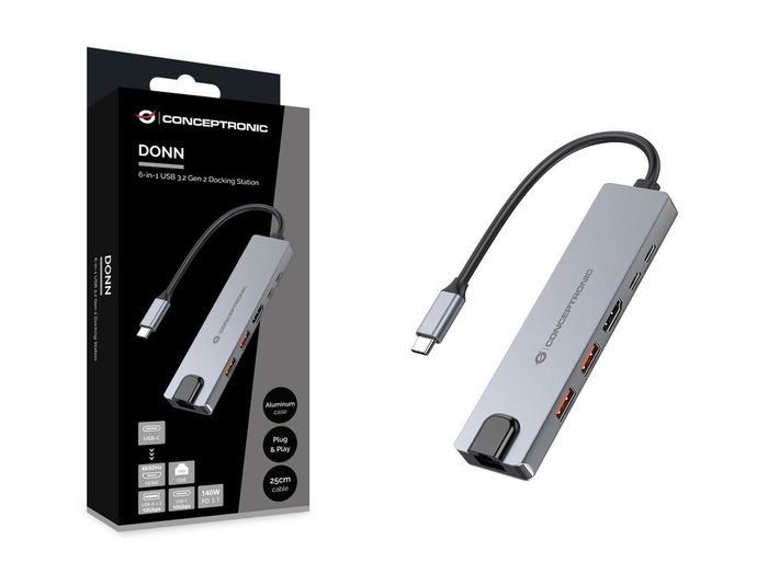 Conceptronic DONN29G - Base de Docking USB-C Gris con 140W PD, 2xUSB-A, HDMI 4K@60Hz, Gigabit Ethernet y 10Gbps