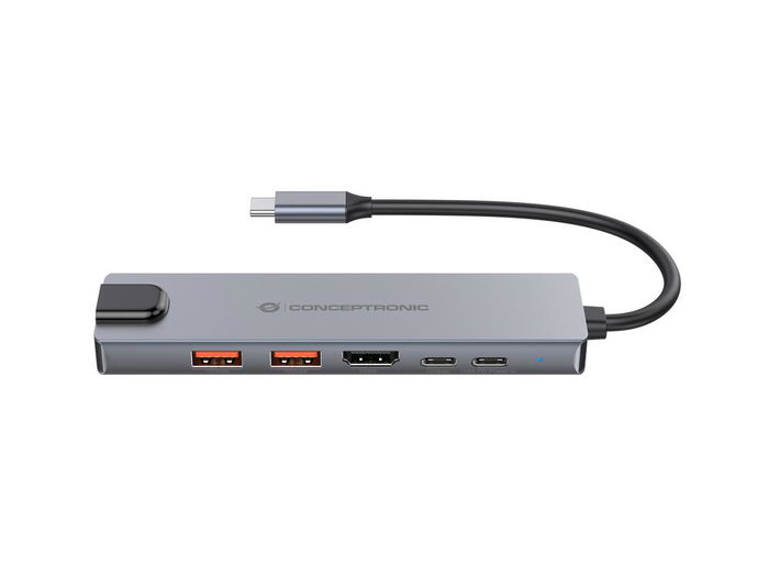 Conceptronic DONN29G - Base de Docking USB-C Gris con 140W PD, 2xUSB-A, HDMI 4K@60Hz, Gigabit Ethernet y 10Gbps