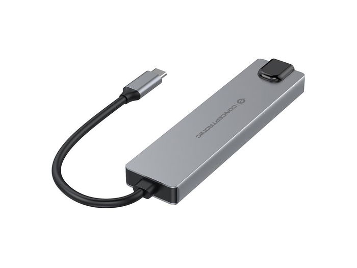 Conceptronic DONN29G - Base de Docking USB-C Gris con 140W PD, 2xUSB-A, HDMI 4K@60Hz, Gigabit Ethernet y 10Gbps