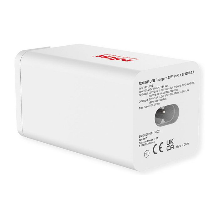ROLINE Cargador USB 4 Puertos (2x USB-C 2x USB-A QC3.0) 120W ROLINE Cargador USB 4 Puertos (2x USB-C 2x USB-A QC3.0) 120W