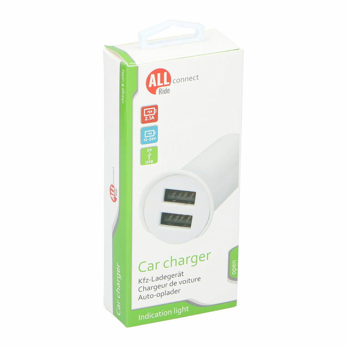 All Ride Cargador de automóvil 2,1A con 2 puertos USB, 12/24V, Blanco