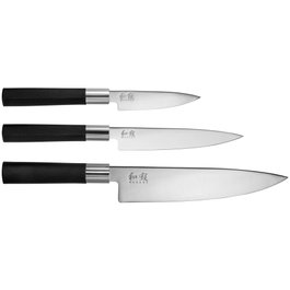 Kai Wasabi Black Knife Set 67S-300 de 3 piezas con hojas de 10, 15 y 20 cm en negro y plata