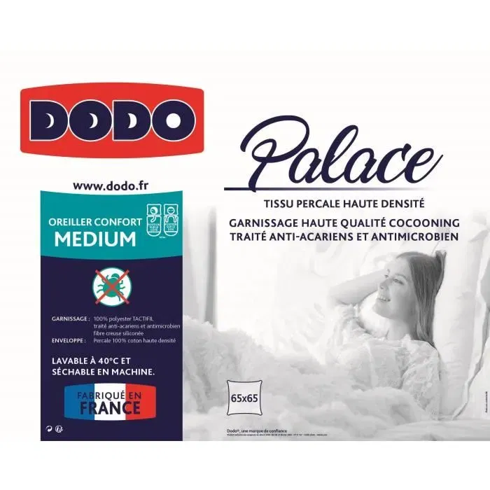 Dodo PALACE Almohada Percale Anti-Ácaros 100% Algodón 65 x 65 cm Medio Confort Dormir de Lado Boca Arriba