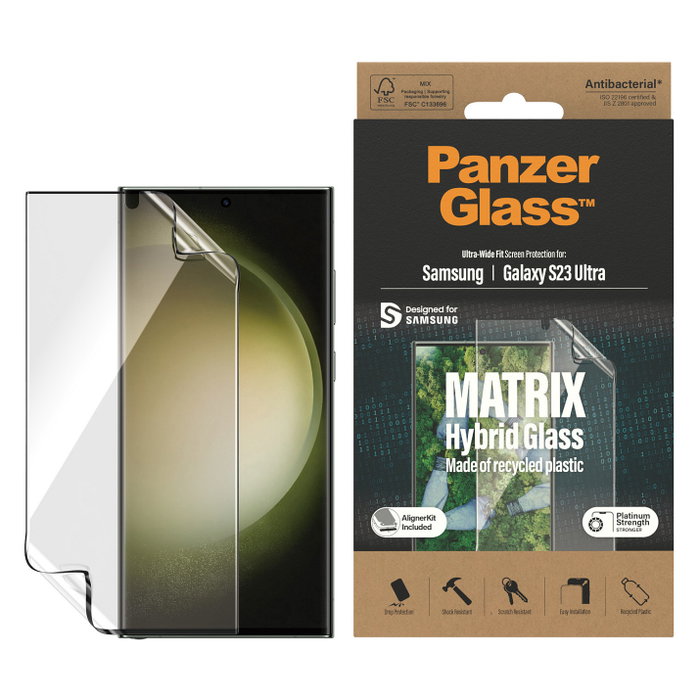 PanzerGlass Protector de Pantalla MATRIX Samsung Galaxy S23 Ultra, UWF con Aligner Kit, PET Transparente, Resistente a Rayones y Golpes, Antibacteriano PanzerGlass Protector de Pantalla MATRIX Samsung Galaxy S23 Ultra, UWF con Aligner Kit, PET Transparente, Resistente a Rayones y Golpes, Antibacteriano