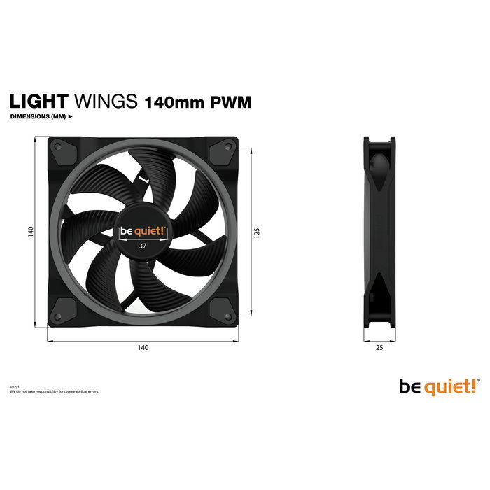 be quiet! LIGHT WINGS 140mm PWM ARGB Ventilador de Carcasa, 14cm, 1500 RPM, Negro, Iluminación LED