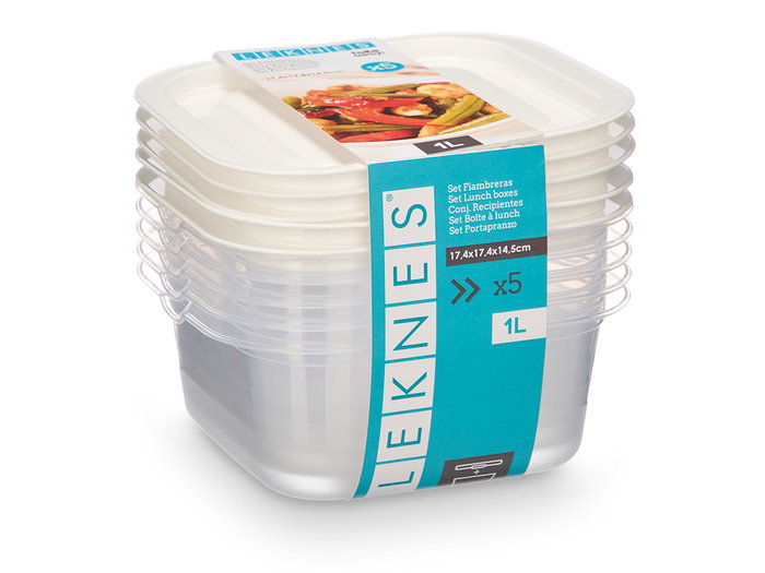 Leknes Set de 5 Fiambreras Cuadradas de Plástico 1000 ml, Transparentes/Blancas, Apto Microondas y Lavavajillas, 17.3 x posting text 14 x 16 cm (Set de 12)