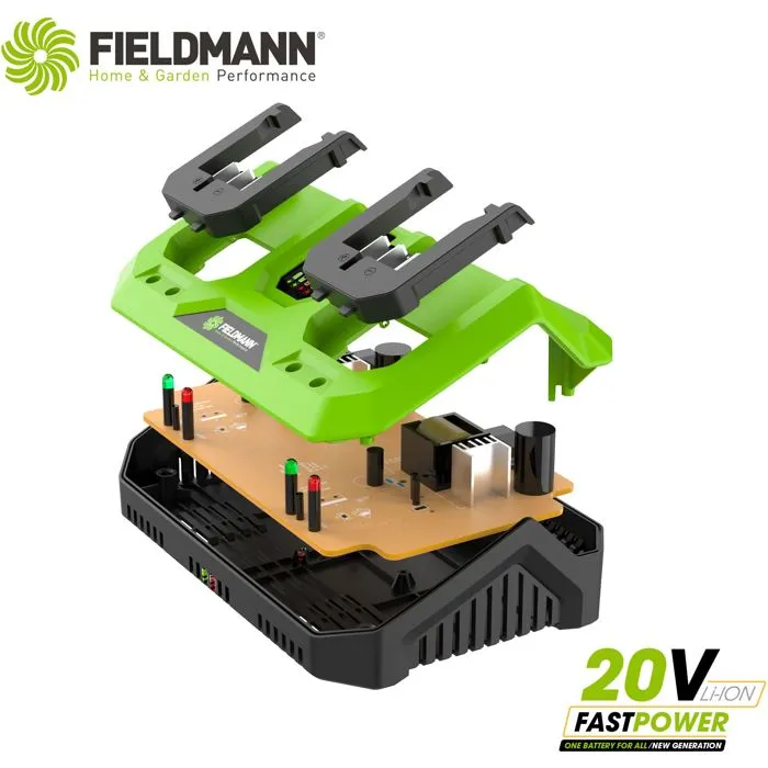 Fieldmann Cargador Doble FIE8590669303960 para Baterías de 20V, Carga Rápida 2Ah en 60 Minutos, Compatible con Baterías de 2Ah y 4Ah