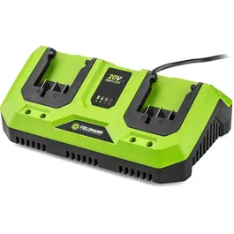 Fieldmann Cargador Doble FIE8590669303960 para Baterías de 20V, Carga Rápida 2Ah en 60 Minutos, Compatible con Baterías de 2Ah y 4Ah