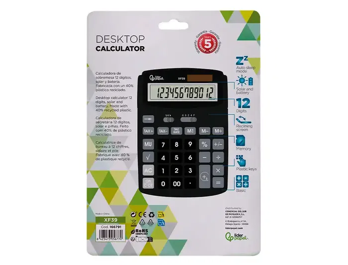 Liderpapel xf39 Calculadora Sobremesa 12 Dígitos Solar y Pilas Color Negro 40% Reciclada 190x140x32 mm