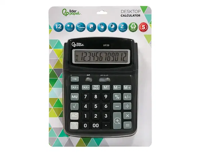 Liderpapel xf39 Calculadora Sobremesa 12 Dígitos Solar y Pilas Color Negro 40% Reciclada 190x140x32 mm