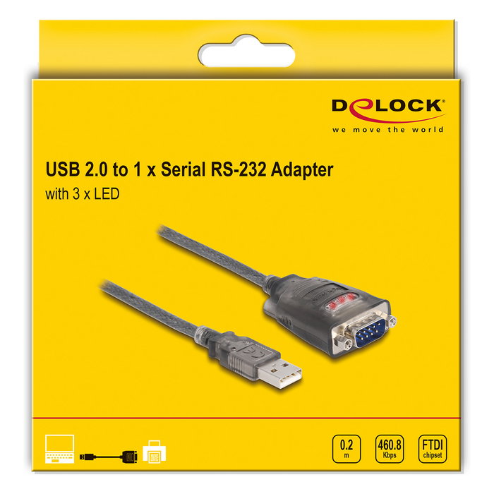 DeLOCK Adaptador USB 2.0 Tipo-A a Serial RS-232 D-Sub 9 pin con 3 LED, 0,25 m