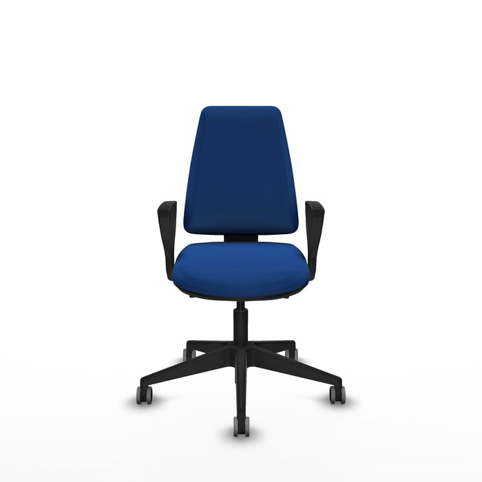 Silla de oficina Elche con mecanismo Asincro tapizada con Similpiel color Azul. Equipada con Base piramidal negra, Brazos fijos y Ruedas 65 mm parqué