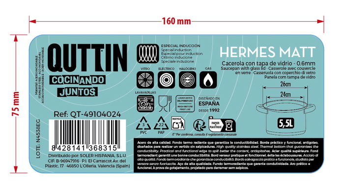 Inde Cacerola 24 cm (5,5 Litros) de Acero Inoxidable con Tapa, Hermes Matt (4 Unidades)